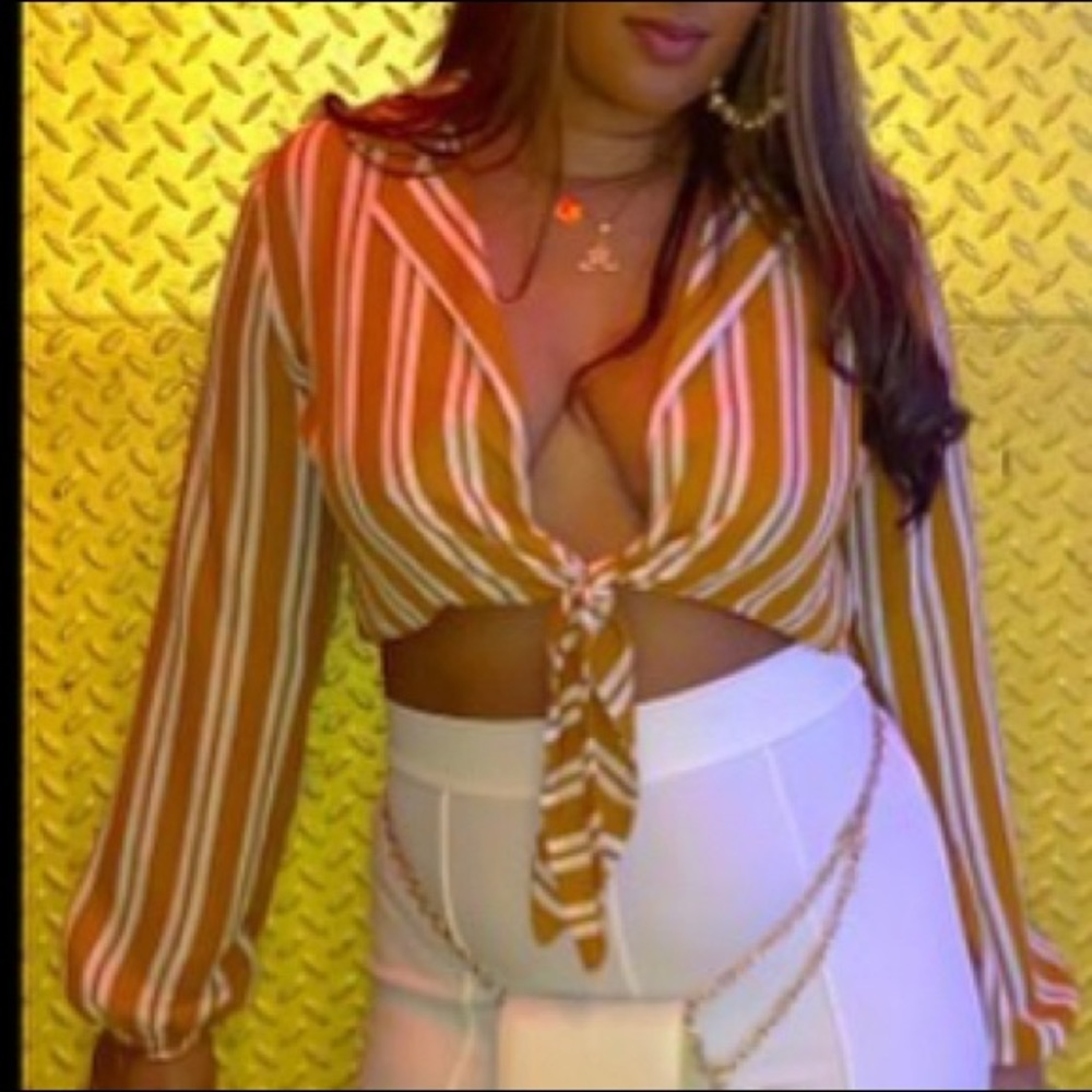 Stripped Collard Long Sleeved Crop Top